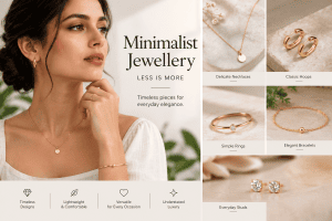 Minimalist jewellery featuring delicate gold necklaces, classic hoop earrings, simple gold rings, elegant bracelets, and diamond stud earrings, styled with a woman in a cream blouse for a timeless, modern, and elegant everyday look.