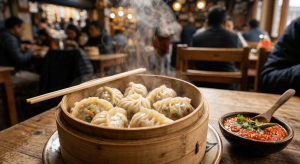 Indian street food momos served with spicy red chutney