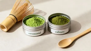 Green-matcha- powder-in-bowls- with-a-bamboo- scoop-for- preparing-tea-and-recipes