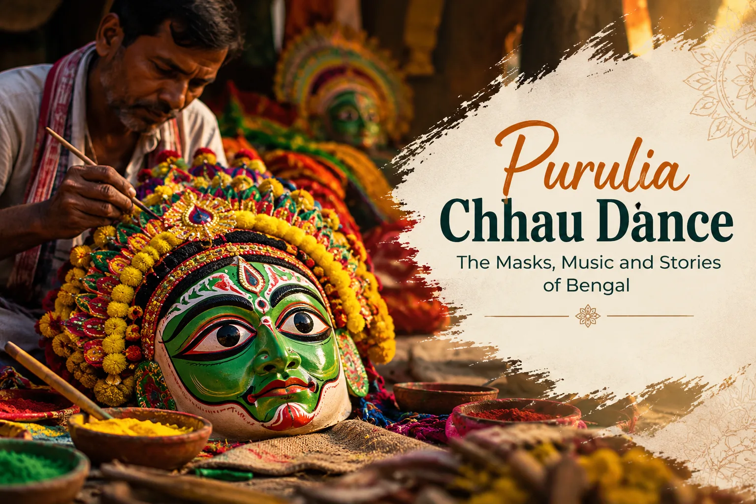 Purulia Chhau dance mask being handcrafted by an artisan, illustrating the masks, music and stories of Bengal’s traditional folk dance.