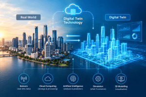 Digital Twin Technology showing a real-world smart city connected to a virtual 3D city model using sensors, cloud computing, artificial intelligence, and data analytics.