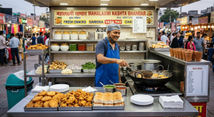 Indian street food vendor preparing fresh snacks at a clean food stall.