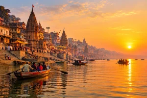Varanasi Ganga ghats showcasing India's spiritual and cultural heritage ,Ancient temples in India.