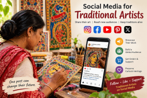 Social media for traditional artists poster featuring an Indian folk artist creating colorful Madhubani-style paintings in her studio, with a smartphone displaying her artwork on Instagram. Icons for Instagram, Facebook, YouTube, Pinterest, and X highlight how social media helps traditional artists showcase their work, reach a global audience, gain customers, and preserve India's cultural heritage.