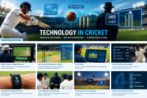 Technology in cricket featuring AI analysis, DRS review, and ball tracking