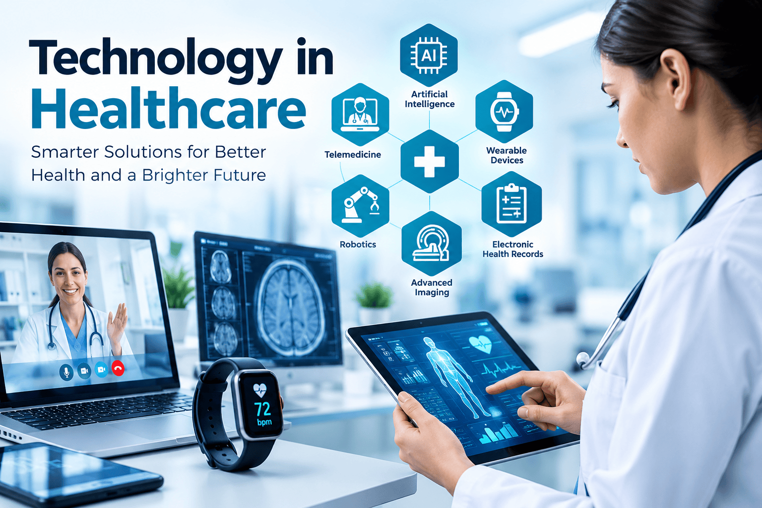 Technology in healthcare featuring AI, telemedicine, wearable devices, and advanced medical equipment.