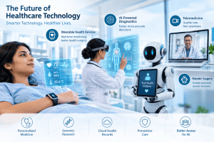 Future of healthcare technology featuring AI-powered diagnostics, wearable health devices, robotic surgery, telemedicine, personalized medicine, and digital health monitoring in a modern medical environment.