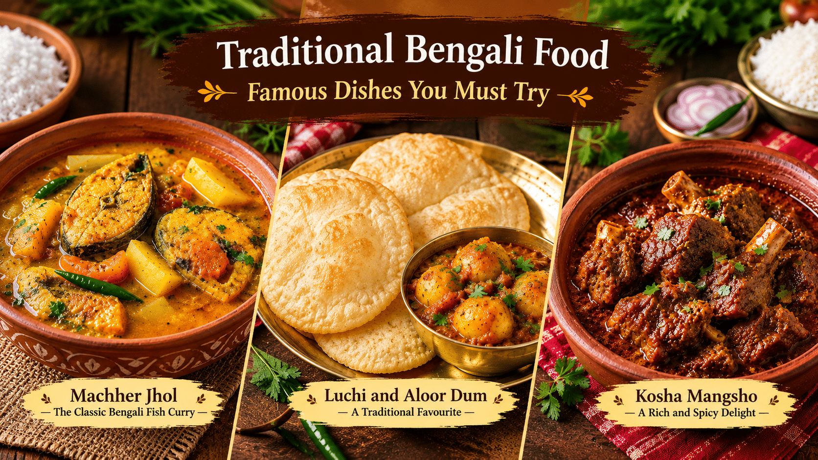 Traditional Bengali food featuring Machher Jhol, Luchi and Aloor Dum, and Kosha Mangsho in a vibrant Bengali cuisine collage