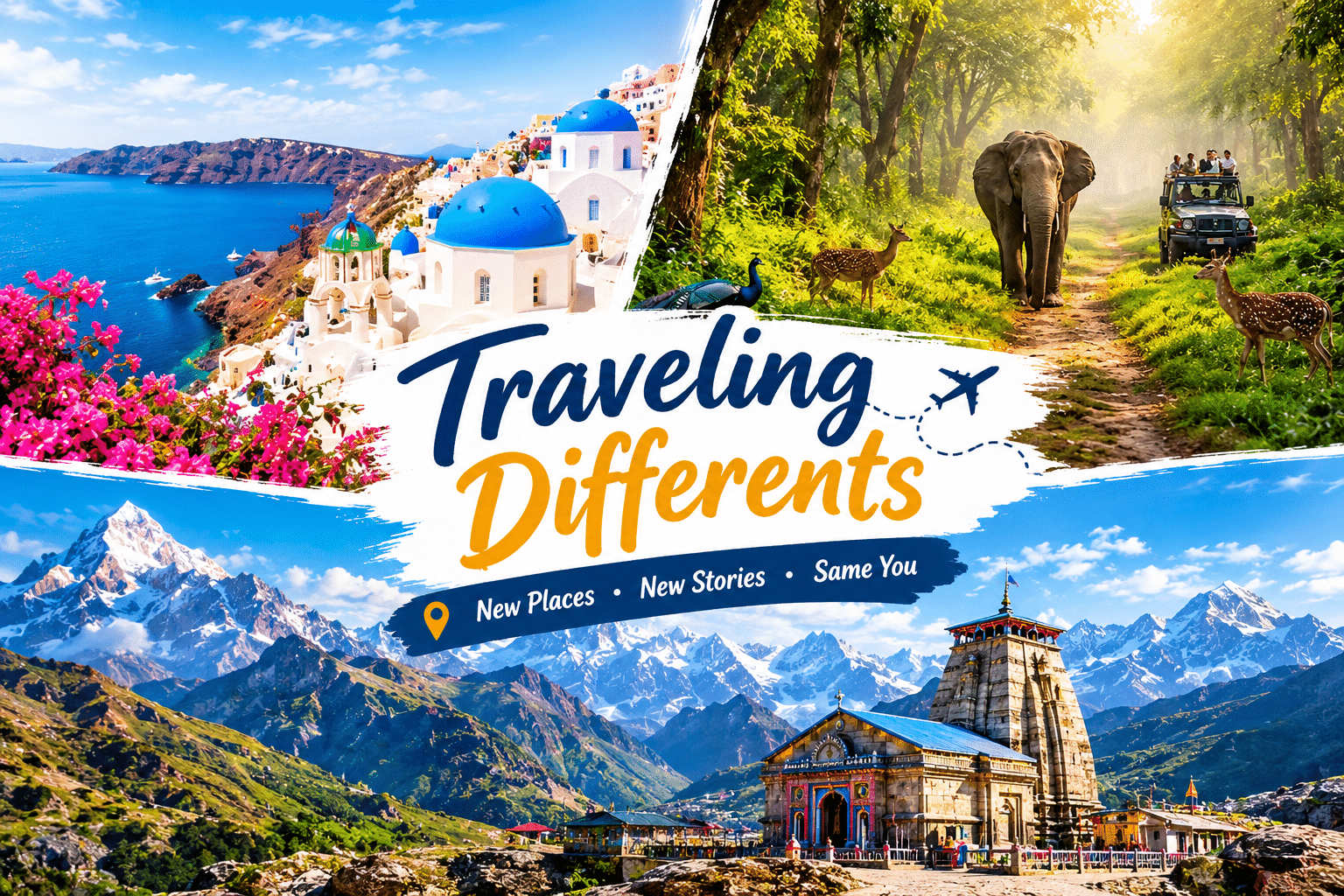Travel collage featuring Santorini, a wildlife safari, and Himalayan mountains with a temple, representing different travel experiences.