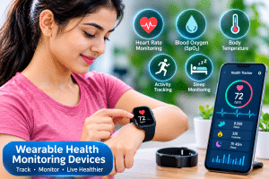 Wearable health monitoring devices, including a smartwatch and fitness tracker, used to monitor heart rate, blood oxygen levels, physical activity, and sleep through digital health technology.