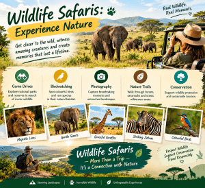 Colorful wildlife safari infographic featuring elephants, lions, giraffes, zebras, and birds in a scenic African landscape, alongside a traveler photographing wildlife from a safari vehicle. The poster highlights game drives, birdwatching, photography, nature trails, and conservation, with the message “Wildlife Safaris — More Than a Trip, It’s a Connection with Nature