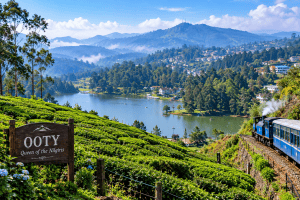 Scenic view of Ooty, a popular hill station in South India, featuring lush green tea plantations, Ooty Lake, forested hills, misty Nilgiri mountains, and a blue heritage toy train winding through the picturesque landscape.