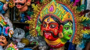 “Traditional Chhau masks handcrafted by artisans in West Bengal”