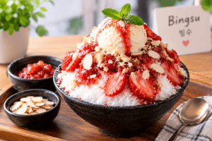 Korean dessert featuring strawberry bingsu with shaved ice, fresh strawberries, vanilla ice cream, and almond slices.