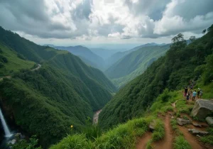 Lush green forests and mist-covered hills in Meghalaya during the monsoon season, a scenic time to visit Meghalaya.