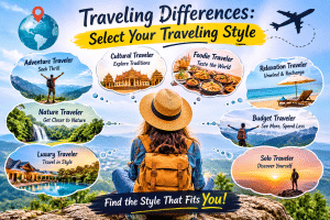Colorful travel infographic titled “Traveling Differences: Select Your Traveling Style,” showing a backpacker surrounded by different travel options including adventure, cultural, foodie, relaxation, nature, budget, luxury, and solo travel, with the message “Find the Style That Fits You!” at the bottom.