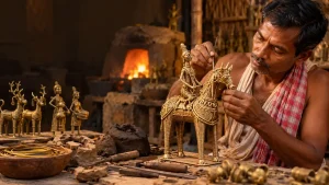 Dokra-artisan- crafting-an-intricate-brass-horse- sculpture-using-traditional- metalworking- techniques