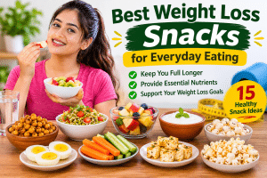 Best weight loss snacks for everyday eating, including roasted chana, fresh fruits, sprouts salad, boiled eggs, yogurt, makhana, paneer, and healthy vegetables.