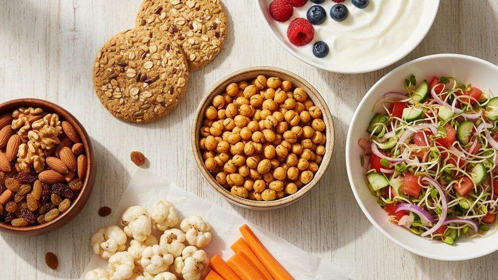 15 healthy Indian snacks for weight loss including roasted chana, fruits, sprouts, makhana and yogurt.