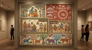 “Folk Art Painting displayed in a modern Indian art exhibition”