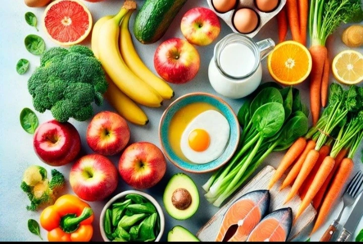 Healthy food with fruits, vegetables and balanced nutrition.