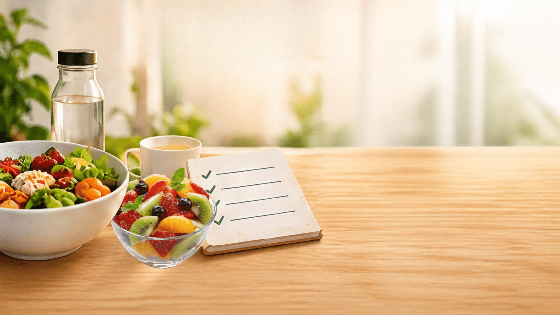 Healthy food setup: salad, fruit salad,, water, tea, and checklist on a wooden table near a window