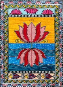 “Madhubani painting with colourful traditional patterns and nature-inspired designs”