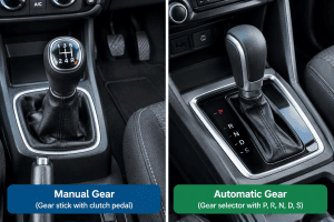 Manual car gear stick with H-pattern gear knob and clutch pedal.