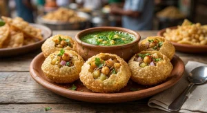 Indian street food pani puri filled with potato and spicy flavoured water.