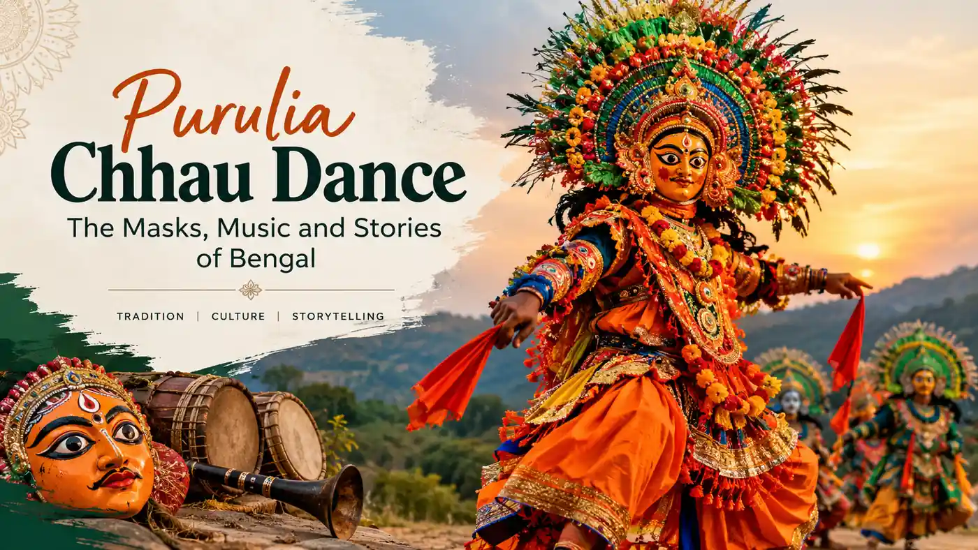 Purulia Chhau dance featuring colourful traditional masks, vibrant costumes, and folk music in Bengal