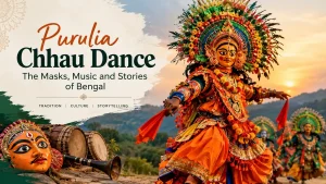 Purulia Chhau dance featuring colourful traditional masks, vibrant costumes, and folk music in Bengal.