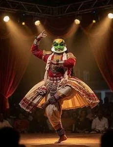  Chhau dancers wearing elaborate costumes and decorative headpieces during a folk performance.