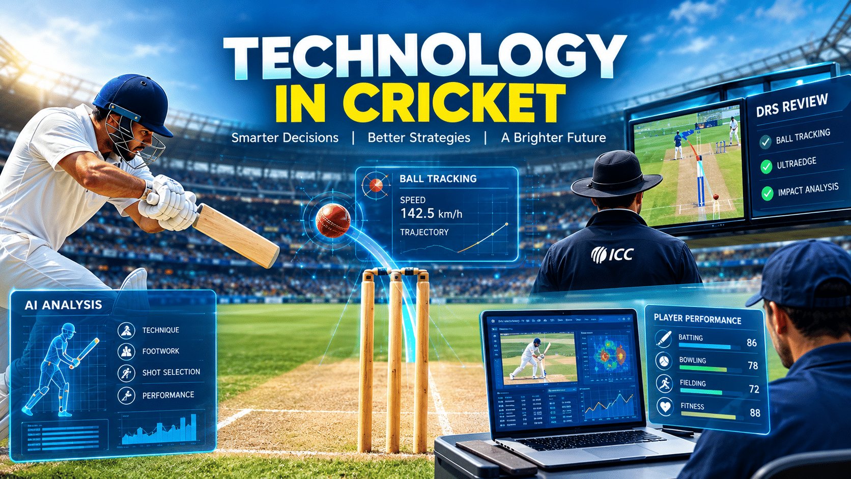 Technology in cricket featuring AI analysis, DRS review, and ball tracking