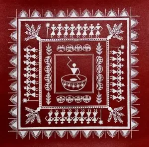 “Warli Art showing traditional village life through simple geometric figures”
